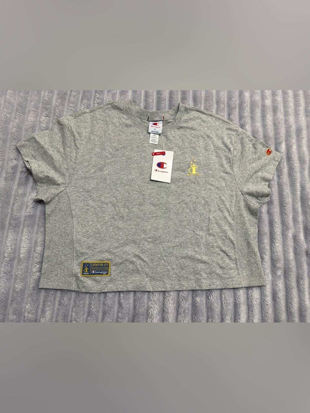 NEW Champion USA Gold Medal Cropped Tee — Size L — Oxford Grey